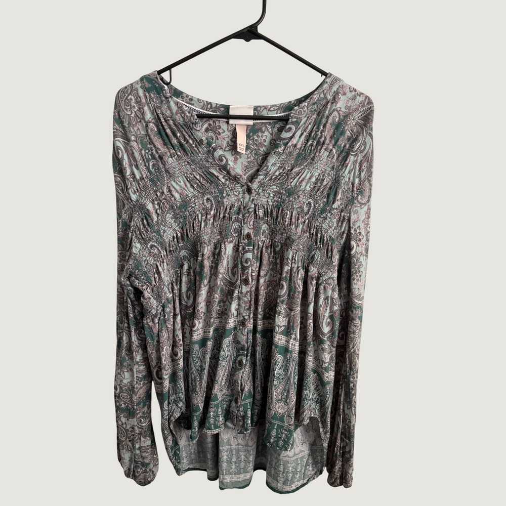 Boho Paisley Smocked Long Sleeve Casual Blouse Cottage Prairie Western Festival